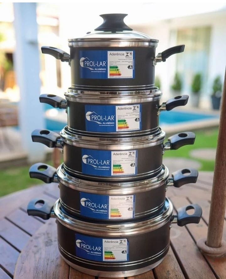 Conjunto Jogo Panelas Antiaderente Teflon 5Peças Tampa de Vidro-Borda-Inox