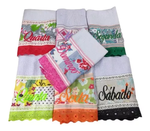 Kit Pano de Prato 7Peças Semaninha Bordado  45 x 75cm